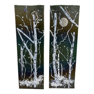 Abstract Winter Landscape Glass Wall Art Panels, Set of Two For Sale
