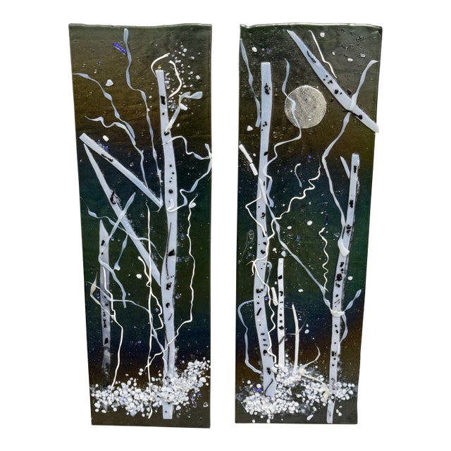 Abstract Winter Landscape Glass Wall Art Panels, Set of Two For Sale