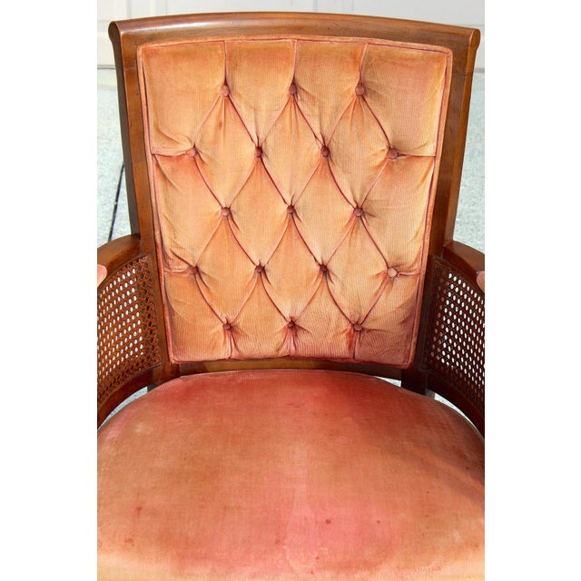 Vintage Tufted Velvet Upholstered Pair of Mid-Century Modern Armchairs With Cane Sides For Sale - Image 11 of 18