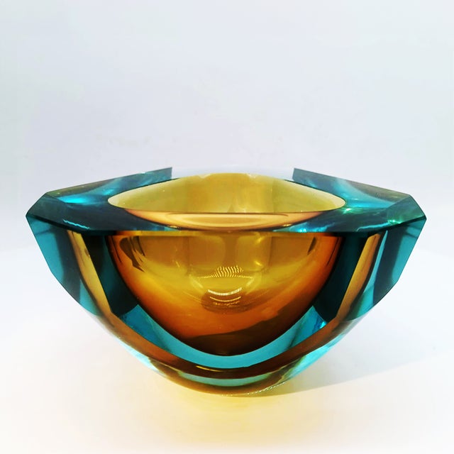 Geode - Ashtray in Murano Glass by Flavio Poli for Seguso. Hand-worked, Multi-Faceted Stunning Amber and Turquoise...
