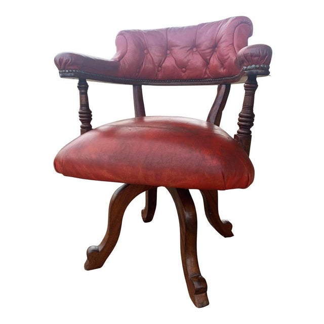 Victorian Mahogany Deep Cushioned Red Leather Buttonback Revolving Desk Chair, 1890s For Sale - Image 3 of 10