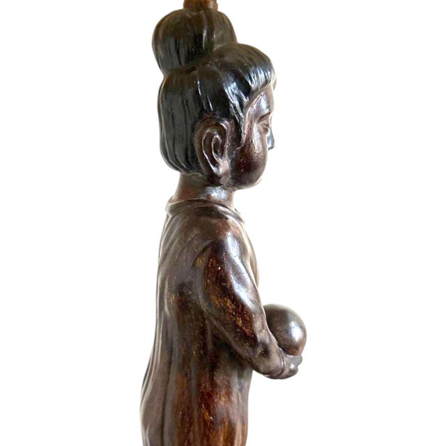 1970s Hand Carved Balinese Figural Table Lamps in the Style of James Mont - A Pair For Sale - Image 10 of 12