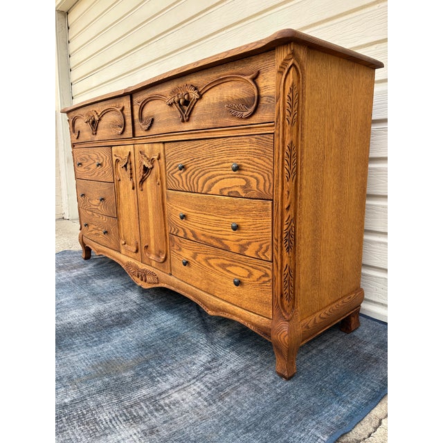 Wood Late 20th Century Oakwood Interiors "Versailles" Carved Oak Chest of Drawers - Triple Dresser For Sale - Image 7 of 12