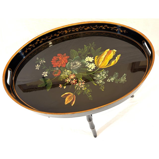 Wood Late 20th Century Regency Chinoiserie Style Lacquer and Faux Bamboo Folding Tray Table For Sale - Image 7 of 18
