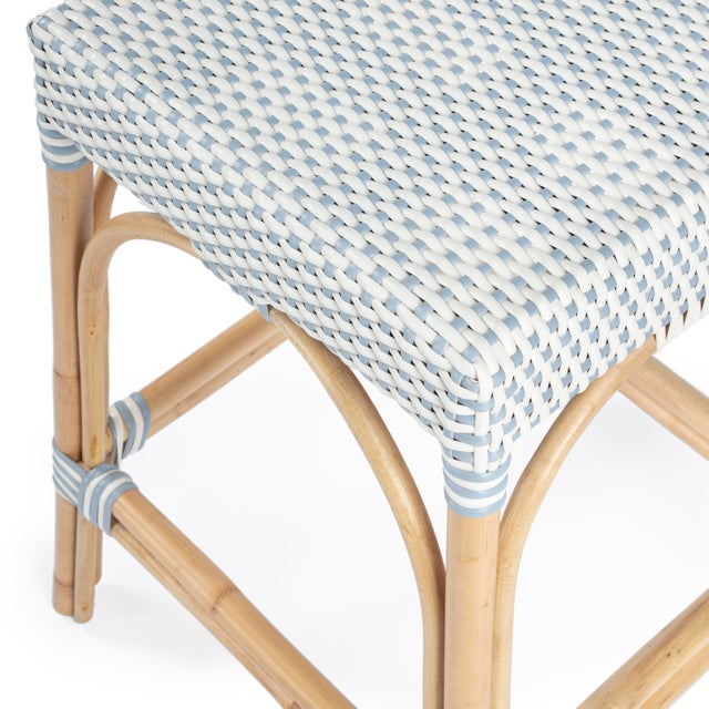 Wood Robias 24.5 in. Seat Height Rectangular Rattan Backless Counter Stool with Footrest, White/Sky Blue Dot / Natural Rattan Frame For Sale - Image 7 of 9