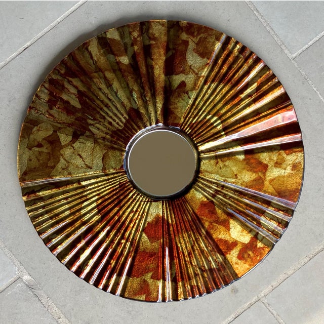 Gold Late 20th-Century Verre Eglomisé-Style Reverse Painted Ribbed Glass Wall Mirror For Sale - Image 8 of 18