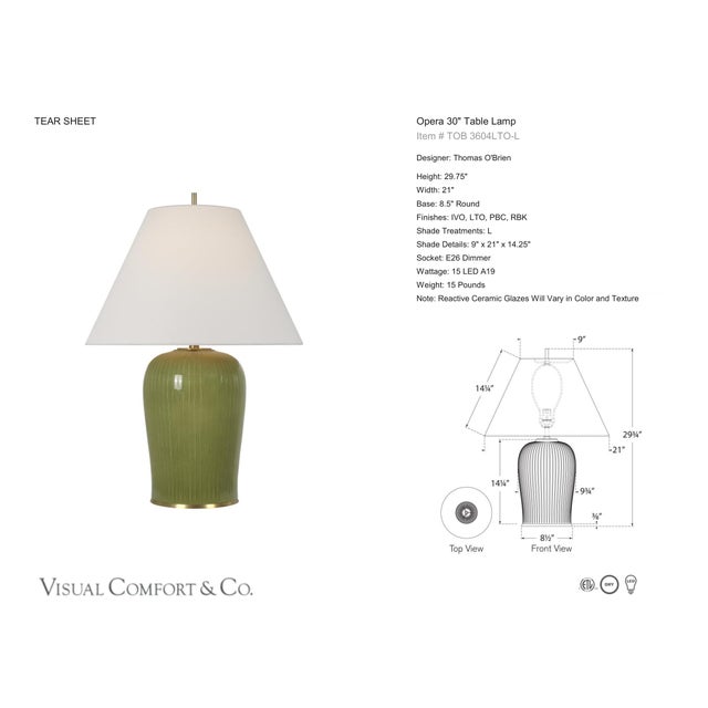 Thomas O'Brien by Visual Comfort Signature Opera 30" Table Lamp in Light Olive with Linen Shade Designer: Thomas O'Brien...