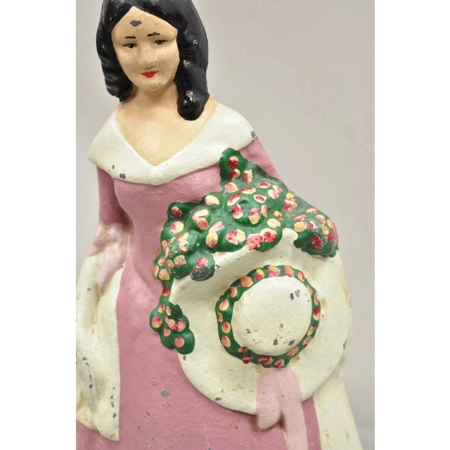 Antique Victorian Tall Cast Iron Painted Figural Woman Pink Dress Door Stop For Sale - Image 4 of 10
