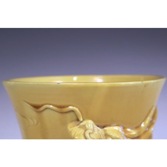 1910s Antique Awaji Pottery Dragon Vase Brush Pot Yellow Japanese For Sale - Image 5 of 7