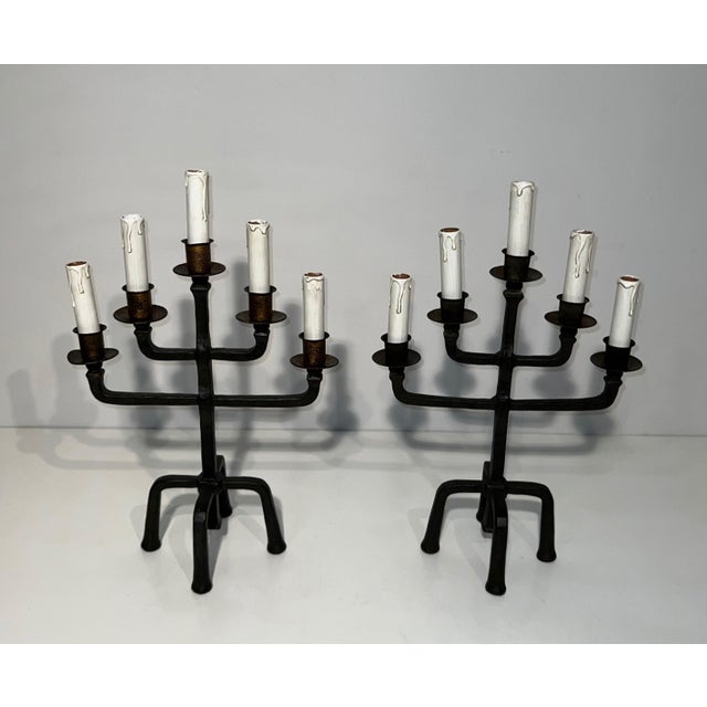 1940s Pair of 5-arm wrought iron candelabras For Sale - Image 12 of 12