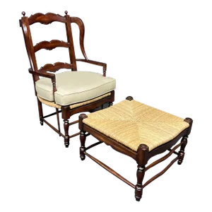 Late 20th Century Country French Ladder Back Chair & Ottoman