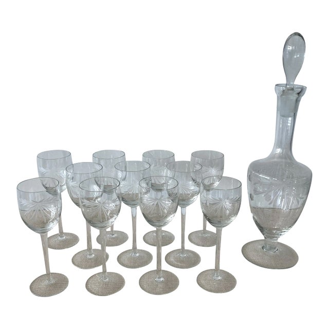 Vintage Hand Cut Blown Glass Decanter & 11 Glasses Set For Sale