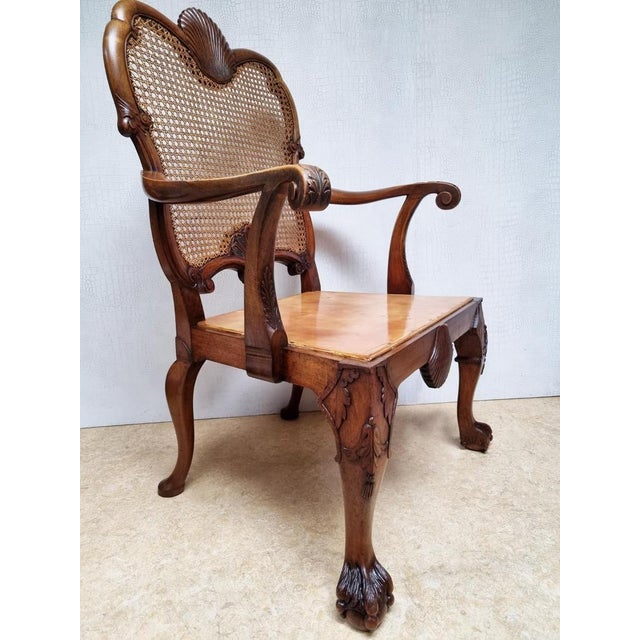 Chippendale Bergere Armchair in Carved Mahogany with Caned Backrest and Lion's Claw and Ball For Sale - Image 12 of 18