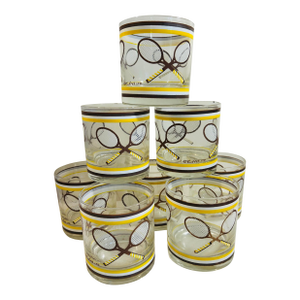 Vintage 1960’s Set of 8 Yellow & Brown Enameled Tennis Racket Lowball Drink Glasses by Culver LTD