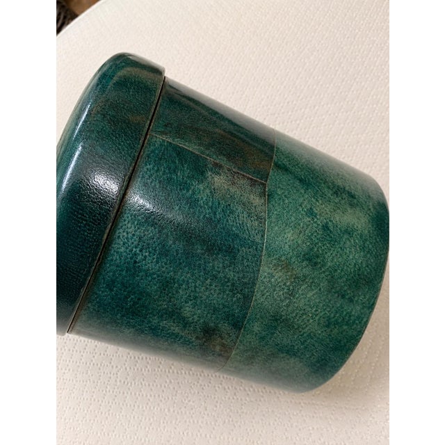 Wood Rare Vintage Lacquered Goatskin Cylinder Box in the Style of Aldo Tura With Brass Pinecone Finial For Sale - Image 7 of 8