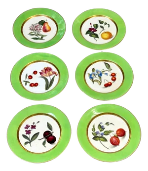 Six Early 19th Century French Botanical Dessert Plates Green & Gilt Borders