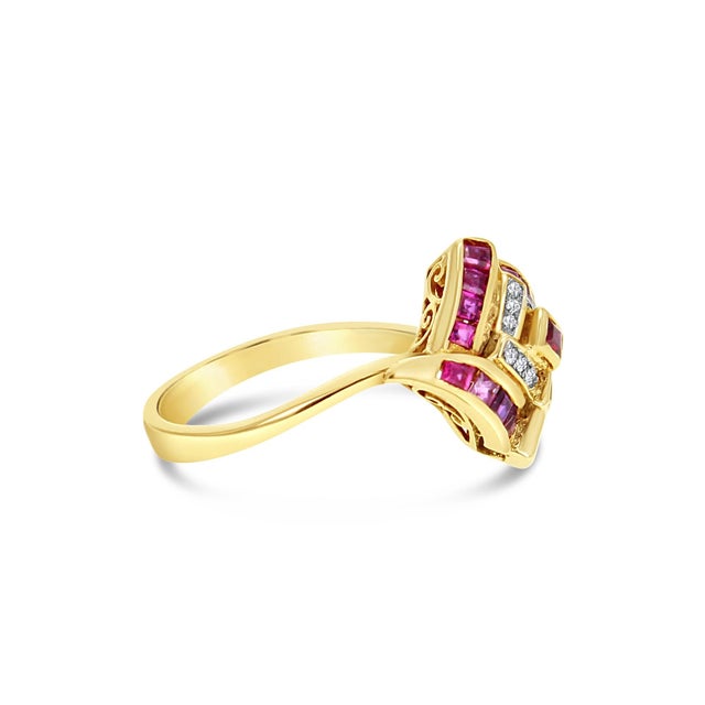 Contemporary Ruby Diamond Cocktail Ring .50cttw 14K Yellow Gold, Size 7 For Sale - Image 3 of 3