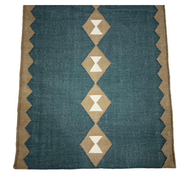 Handmade New Zealand Wool Dhurrie Runner, Turquoise Blue, Cream and Beige Diamond Runner Rug - 3'x14' For Sale - Image 13 of 15