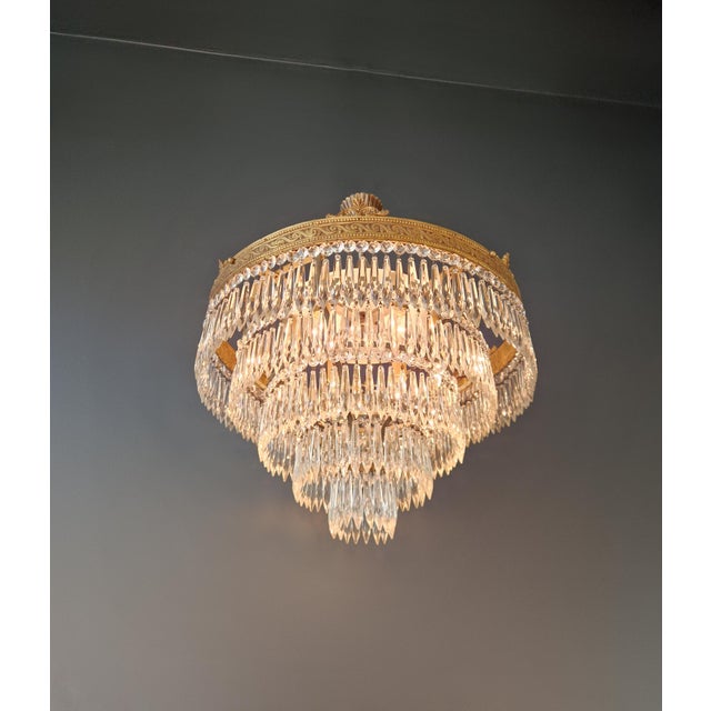 Antique Art Deco Neoclassical Brass and Crystal Chandelier Plafonnier Ceiling For Sale - Image 4 of 9