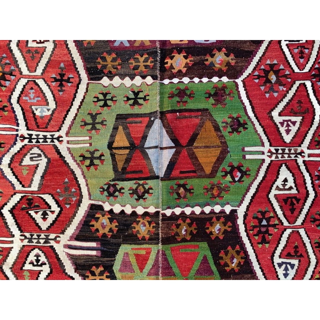 Large Vintage Turkish Red Black Green Wool Kilim Rug For Sale - Image 4 of 12