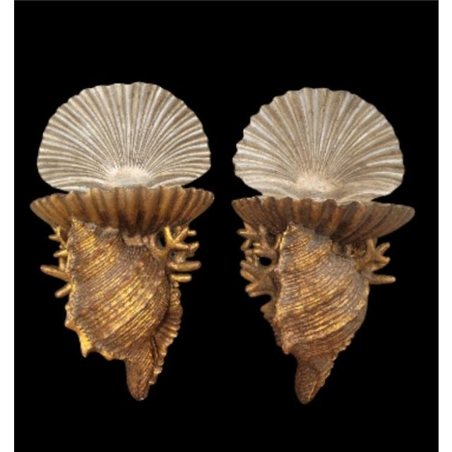 1990s Vintage Coastal Regency Large Sea Clam Conch Shell Form Gold Silver Wall Sconce Shelf Brackets- A Pair For Sale - Image 5 of 8