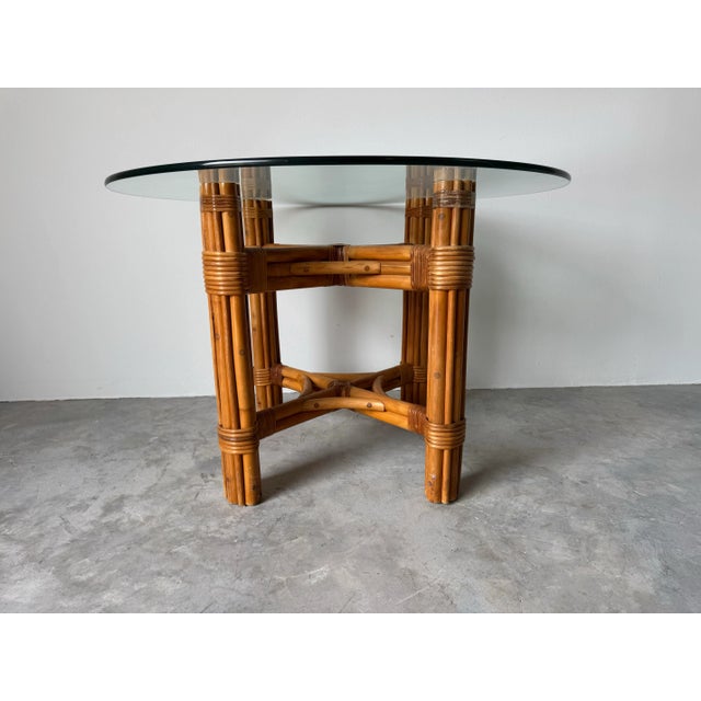 Vintage Coastal Rattan Dining Table With Round Glass Top/ Sold For Sale - Image 4 of 12