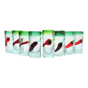 1990s Vintage Mexican Handblown Chili Pepper Set of 8 Double Shot Glasses