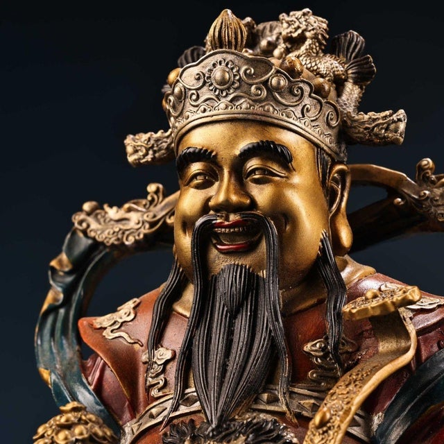 Large Vintage Gilt Bronze God of Wealth Statue - Chinese Caishen Sculpture With Polychrome For Sale In Los Angeles - Image 6 of 10