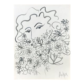 "The Flower Lover" Contemporary Expressionist Style Ink Drawing by CL Auker For Sale