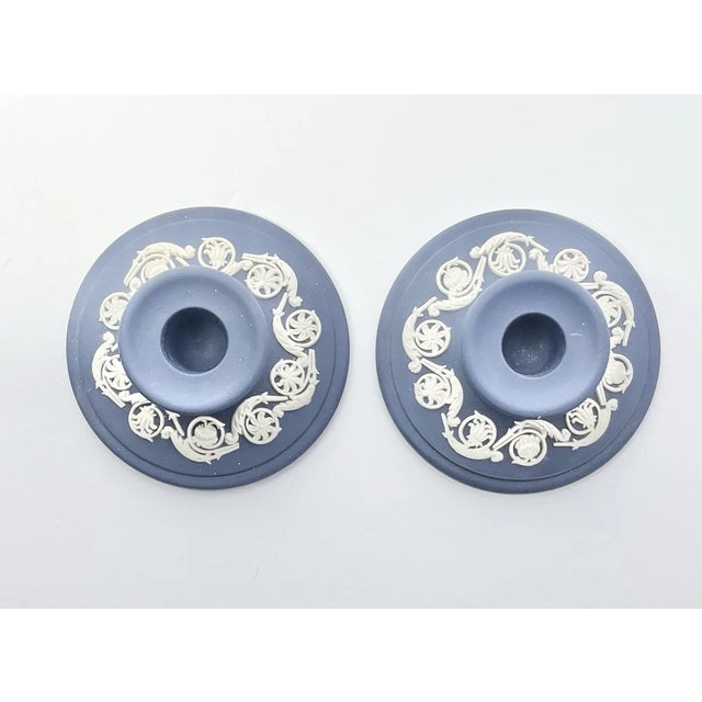 Wedgwood Jasperware Portland Dark Royal Blue Pair of Taper Candlestick Holders Excellent condition. No chips, cracks, or...