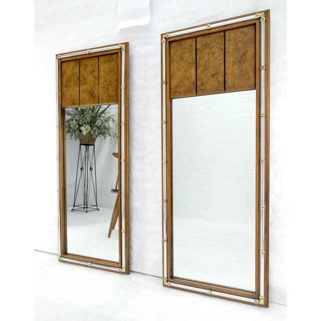 Pair of c1970s Mid Century Faux Bamboo Crome & Burl Rectangle Wall Mirrors MINT For Sale - Image 16 of 16