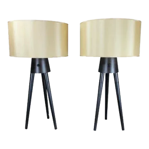 Early 21st Century Modern Style Black Tripod Lamps with Champagne Shades - A Pair