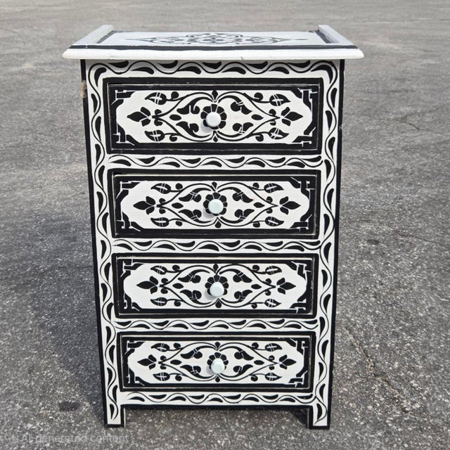 Hand‑Painted Moroccan Nightstand / White and Black Zoua9 Woodwork For Sale In Orlando - Image 6 of 7