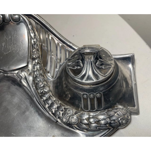 Metal Antique Ornate 1800's Art Nouveau Thick Gilt Brass Desk Pen Inkwell Tray Bronze For Sale - Image 7 of 12