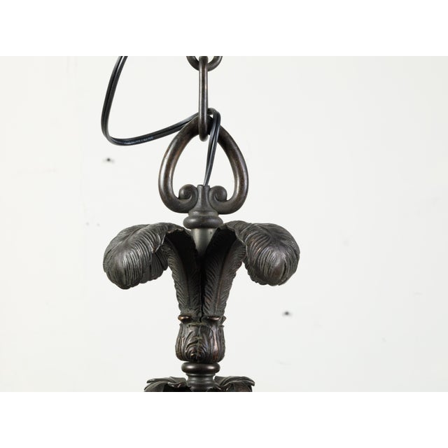 French 1920s French Bronze and Glass Lantern with Feathers and Acanthus Leaves For Sale - Image 3 of 7