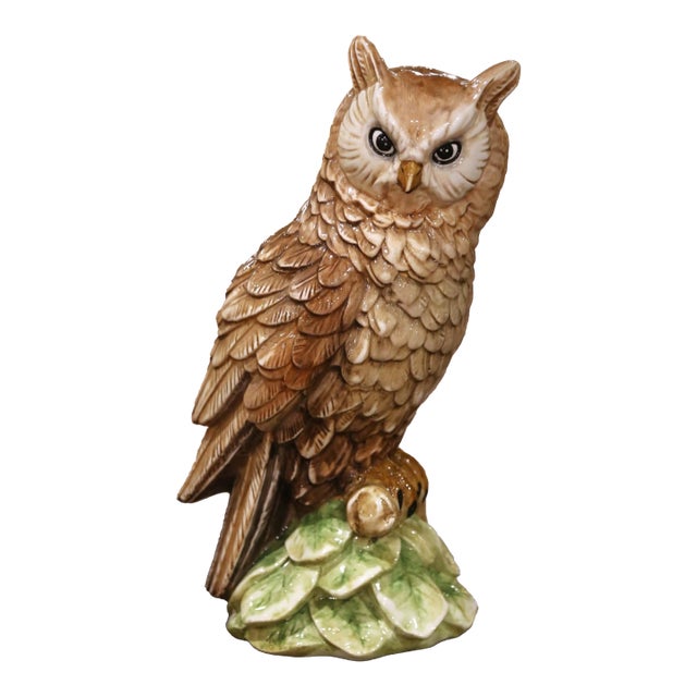 Mid 20th Century Mid-Century Italian Hand Painted Glazed Ceramic Owl Sculpture With Foliage Base For Sale