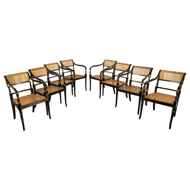 1960s 1960s Set Eight Federal Style Japanned & Gilded Dining Arm Chairs Kittinger Furniture For Sale - Image 5 of 17