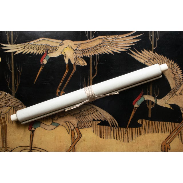 "Two Cranes and the Sun", Showa Era Japanese Monochrome Silk Scroll Painting For Sale - Image 16 of 18