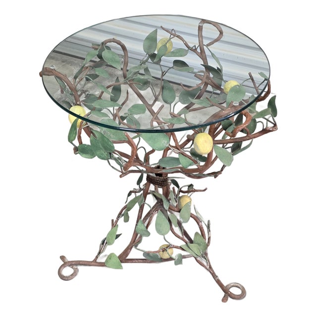 Vintage Mid Century Gueridon Glass Top Tole Lemon Citrus Table For Sale