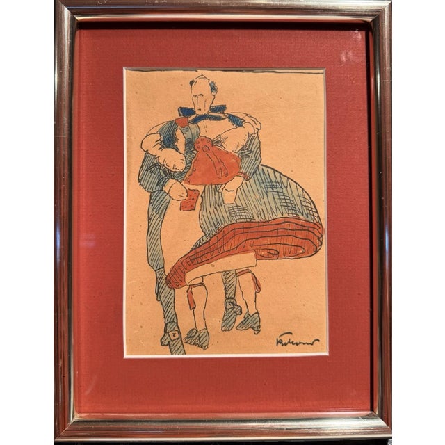 Karl Mons, Couple Dancing a Traditional Schwalm Dance in Willingshausen, Mixed Media, in Very Good conditions. Designed...