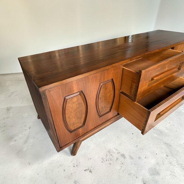 1960s 1960s Restored Younge Mid-Century Modern Walnut Credenza, Sculpted 64” Sideboard For Sale - Image 5 of 13