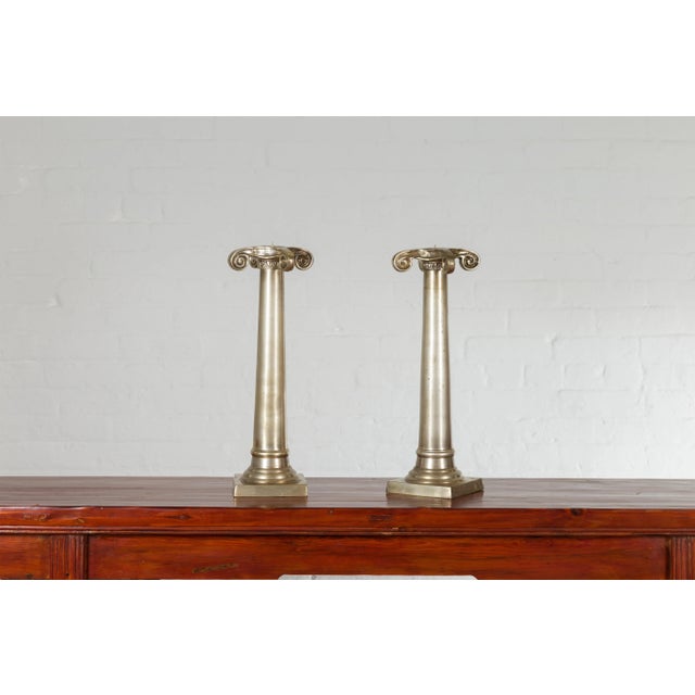 Goldenrod Brushed Silver over Bronze Column Candlesticks with Large Ionic Capitals - A Pair For Sale - Image 8 of 10