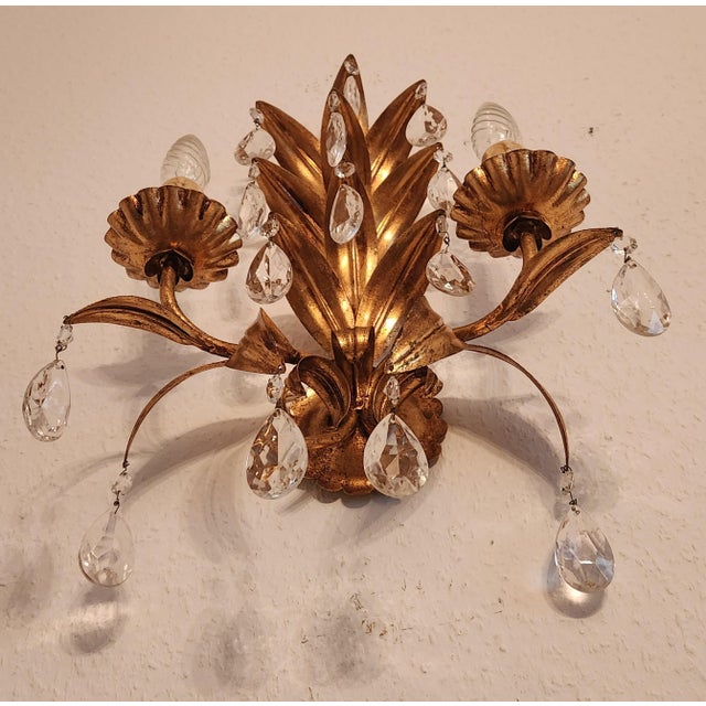 Vintage Two-Light Wall Lamp with Gold Leaf and Crystals, 1960s For Sale - Image 6 of 18
