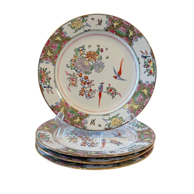 Chinoiserie Vintage Chinese Export Tobacco Leaf Famille Rose Dinner Plates - Set of Four For Sale - Image 3 of 5