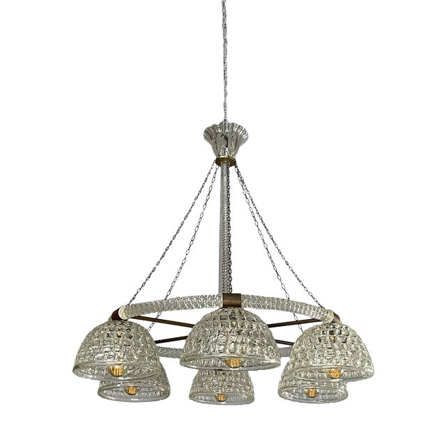 Art Deco Italian Glass and Brass Chandelier, 1930s For Sale
