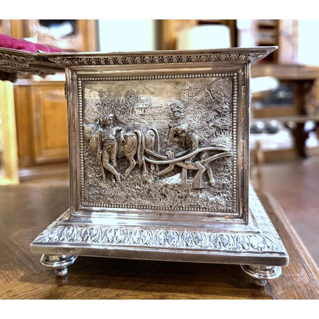 Metal 19th Century French Silvered Repoussé Jewelry Casket With Figural Scenes For Sale - Image 7 of 11