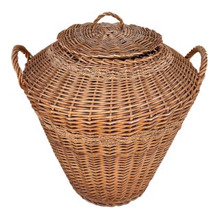 Large Woven Rattan/Wicker Lidded Basket For Sale