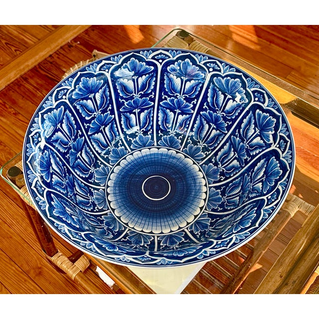 Late 20th Century Blue and White Large Floral Centerpiece Bowl For Sale - Image 5 of 6