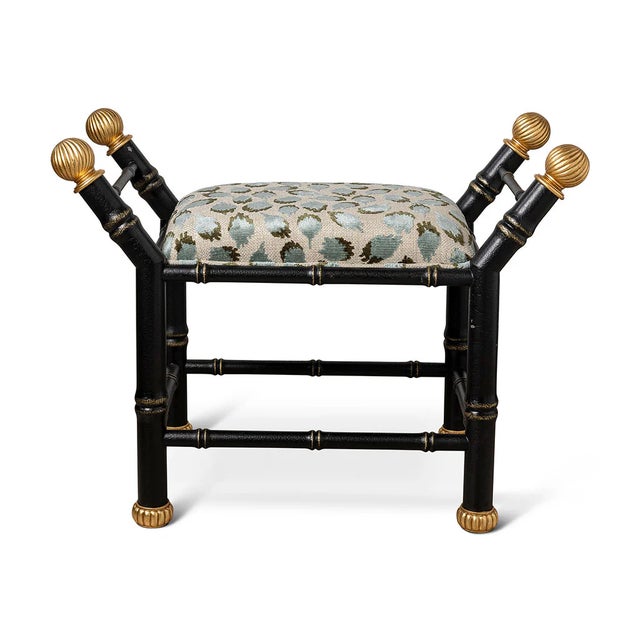 Hollywood Regency Boca Black Ocelot Celadon Bamboo Bench For Sale - Image 3 of 7