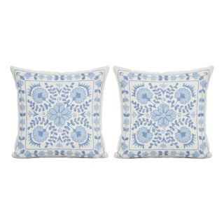 19"x20" Set of 2 Silk embroidery Cushion Cover. Pair Lace Pillow in Blue Color For Sale